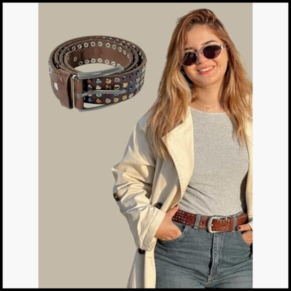 Studded Leather Belt Adjustable Genuine Leather with Metal Studs main image 6
